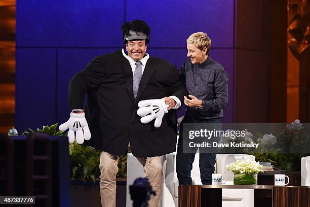 Jimmy Fallon and Ellen Degeneres appear at "The Ellen Degeneres Show" Season 13 Bi-Coastal Premiere at Rockefeller Center on September 8, 2015 in New...