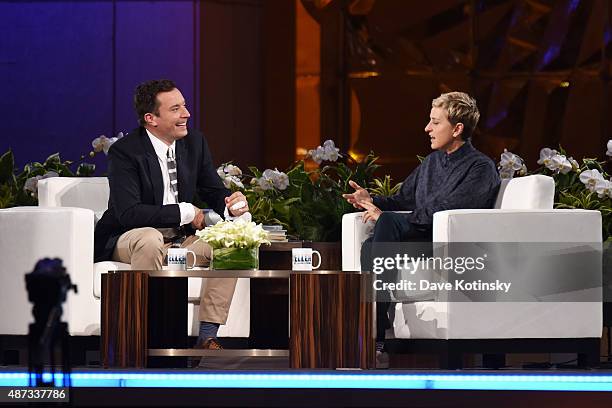 Jimmy Fallon and Ellen Degeneres appear at "The Ellen Degeneres Show" Season 13 Bi-Coastal Premiere at Rockefeller Center on September 8, 2015 in New...