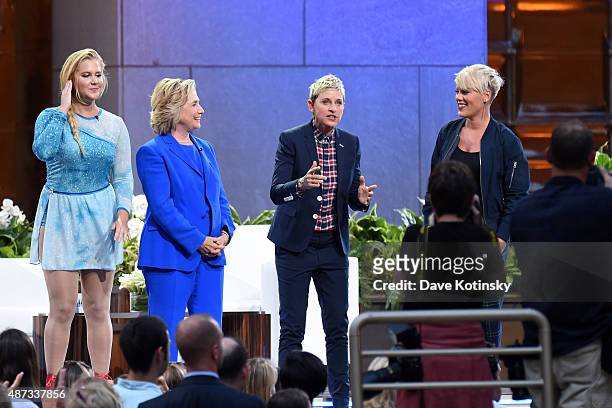 Amy Schumer, Hillary Clinton, Ellen Degeneres and Pink appear at "The Ellen Degeneres Show" Season 13 Bi-Coastal Premiere at Rockefeller Center on...