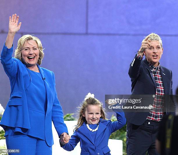 Hillary Clinton, Macey Hensley and Ellen DeGeneres attend "The Ellen DeGeneres Show" Season 13 Bi-Coastal Premiere at Rockefeller Center on September...