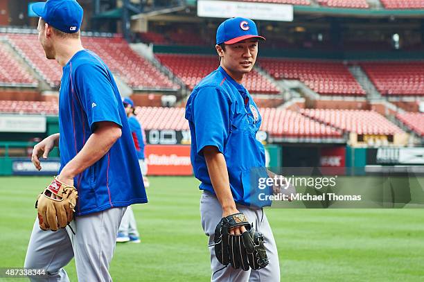 Tsuyoshi Wada of the Chicago Cubs during warmups prior to a game against the St. Louis Cardinals at Busch Stadium on September 8, 2015 in St. Louis,...