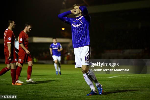 Brad Potts of Carlisle United reacts after a missed chance on goal during the Sky Bet League One match between Crawley Town and Carlisle United at...