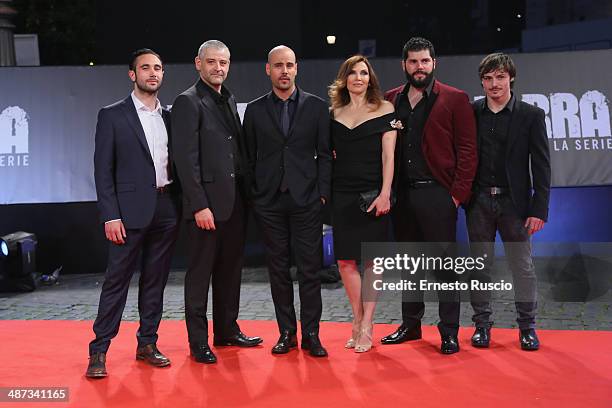 Actors Fortunato Cerlino, Marco D'Amore, Maria Pia Calzone, Salvatore Esposito and Marco Parvetti attend the 'Gomorra - La Serie' photocall at The...