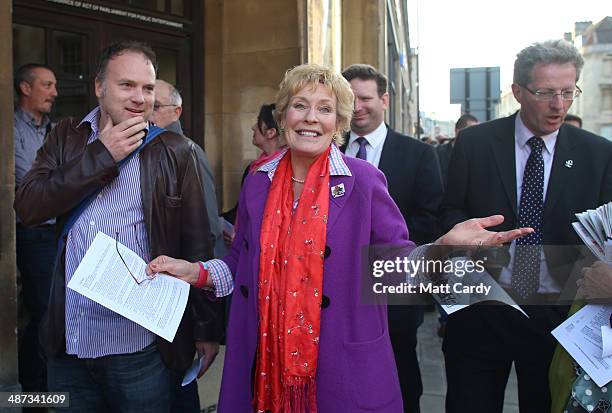 Christine Hamilton arrives to listen to UK Independence Party leader Nigel Farage speak at The Forum in Bath on April 29, 2014 in Bath and North East...