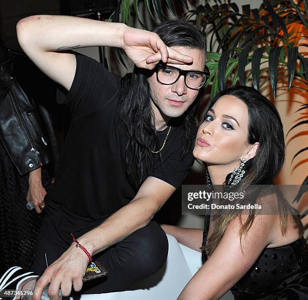 Skrillex and singer Katy Perry attend "Jeremy Scott - The People's Designer" afterparty hosted by The Rooftop at The Hollywood Roosevelt Hotel on...