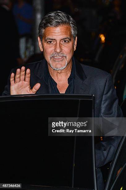 Actor George Clooney leaves the first "The Late Show With Stephen Colbert" taping at the Ed Sullivan Theater on September 8, 2015 in New York City.