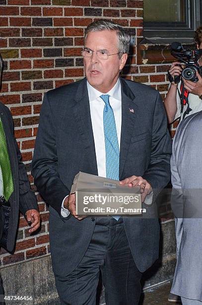 Republican presidential hopeful and former Florida Governor Jeb Bush leaves the first "The Late Show With Stephen Colbert" taping at the Ed Sullivan...