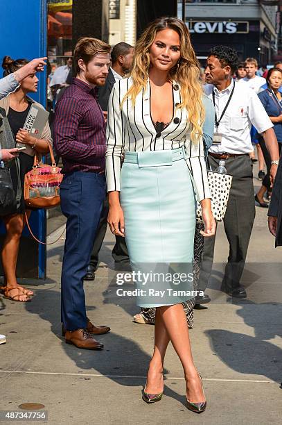 Television personality Chrissy Teigen leaves the "Good Morning America" taping at the ABC Times Square Studios on September 8, 2015 in New York City.