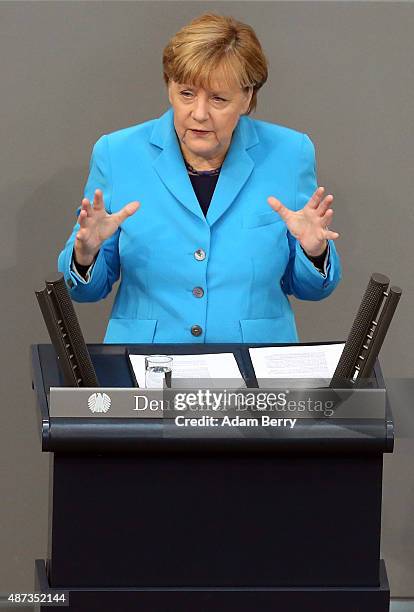 German Chancellor Angela Merkel speaks during a session of the Bundestag, the German parliament, on September 9, 2015 in Berlin, Germany. Merkel...