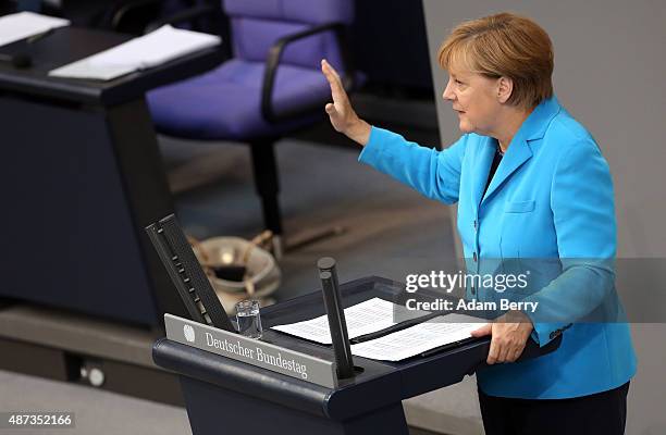 German Chancellor Angela Merkel speaks during a session of the Bundestag, the German parliament, on September 9, 2015 in Berlin, Germany. Merkel...