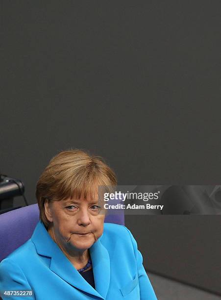 German Chancellor Angela Merkel attends a session of the Bundestag, the German parliament, on September 9, 2015 in Berlin, Germany. Merkel spoke...