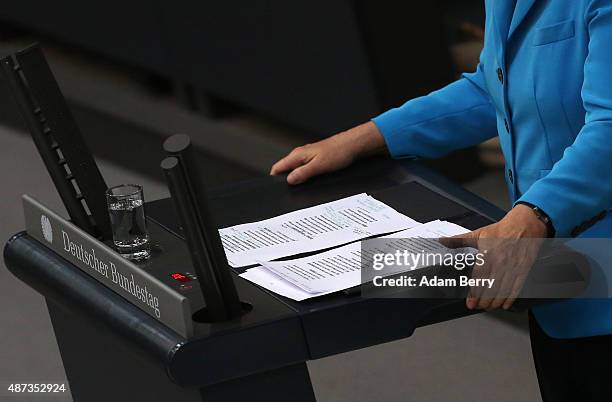 German Chancellor Angela Merkel speaks during a session of the Bundestag, the German parliament, on September 9, 2015 in Berlin, Germany. Merkel...