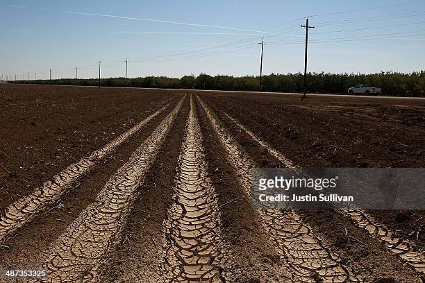 Dried and cracked earth is visible on an unplanted field at a farm on April 29, 2014 near Mendota, California. As the California drought continues,...