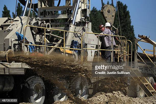 Workers with Arthur & Orum Well Drilling drill a new well at a farm on April 29, 2014 near Mendota, California. As the California drought continues,...