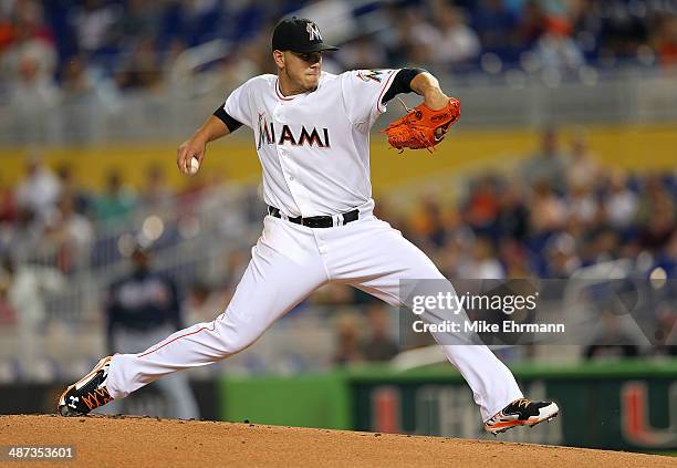 Jose Fernandez of the Miami Marlins pitches during a game against the Atlanta Braves at Marlins Park on April 29, 2014 in Miami, Florida.