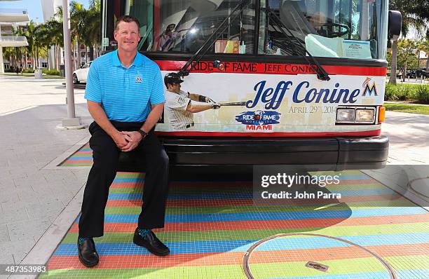 Jeff Conine poses while being honored as the Ride of Fame Inducts 1st Miami Honoree Jeff Conine as part of worldwide expansion at Marlins Park on...