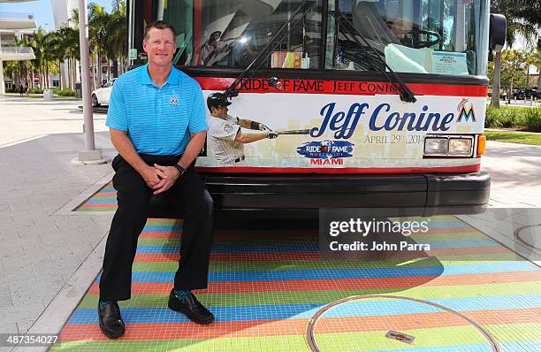 Jeff Conine poses while being honored as the Ride of Fame Inducts 1st Miami Honoree Jeff Conine as part of worldwide expansion at Marlins Park on...