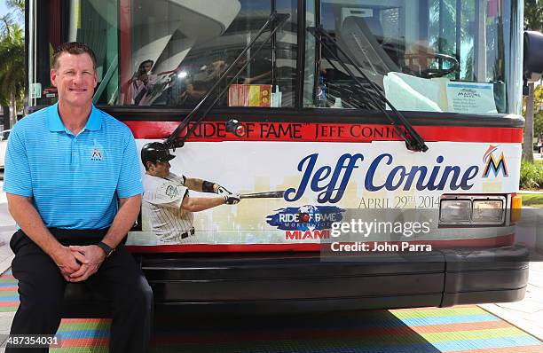 Jeff Conine poses while being honored as the Ride of Fame Inducts 1st Miami Honoree Jeff Conine as part of worldwide expansion at Marlins Park on...