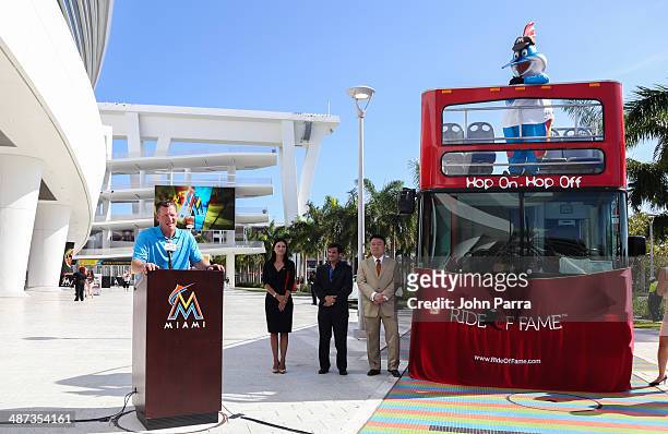 Jeff Conine speaks while being honored as the Ride of Fame Inducts 1st Miami Honoree Jeff Conine as part of worldwide expansion at Marlins Park on...