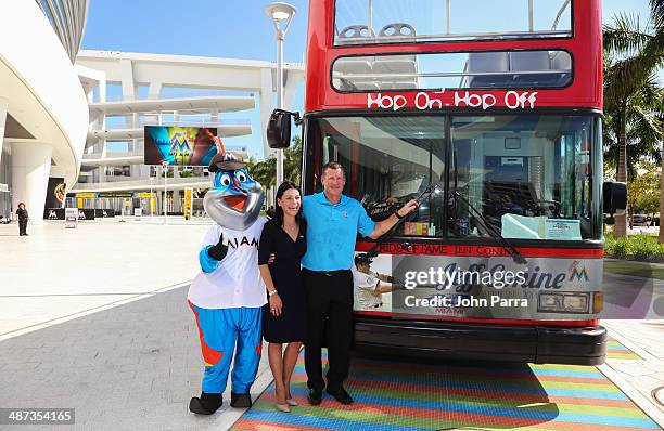 Billy The Marlin, Leyla Rojas CEO City Sightseeing Miami and Jeff Conine pose as the Ride of Fame Inducts 1st Miami Honoree Jeff Conine as part of...