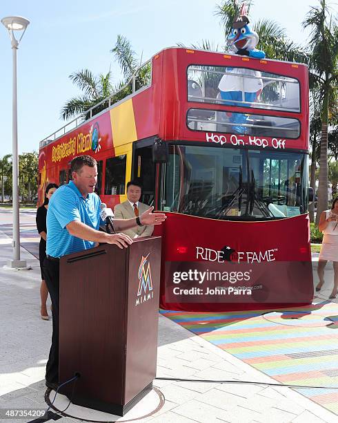 Jeff Conine speaks while being honored as the Ride of Fame Inducts 1st Miami Honoree Jeff Conine as part of worldwide expansion at Marlins Park on...