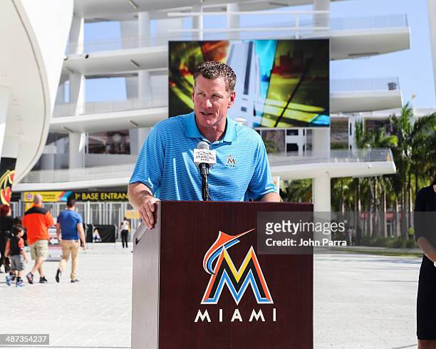 Jeff Conine speaks while being honored as the Ride of Fame Inducts 1st Miami Honoree Jeff Conine as part of worldwide expansion at Marlins Park on...