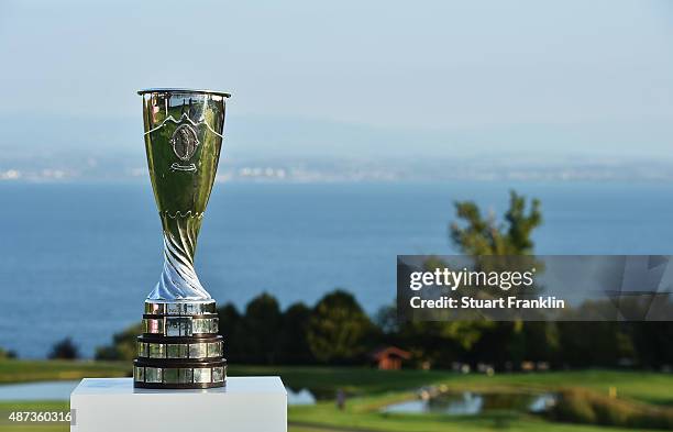 The Evian Championship trophy is seen prior to the start of the Evian Championship Golf on September 9, 2015 in Evian-les-Bains, France.