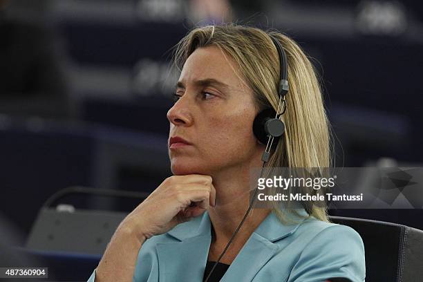 Federica Mogherini High Representative of the European Union for Foreign Affairs and Security Policy listens during the speech on the state of the...
