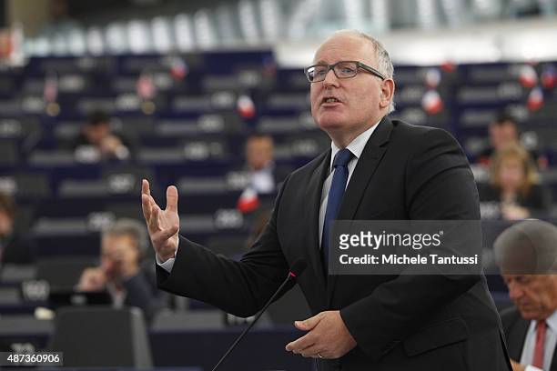 Vice-President Frans Timmermans speaks during the speech on the state of the union on September 9 2015 in Strasbourg, France.The 2015 State of the...
