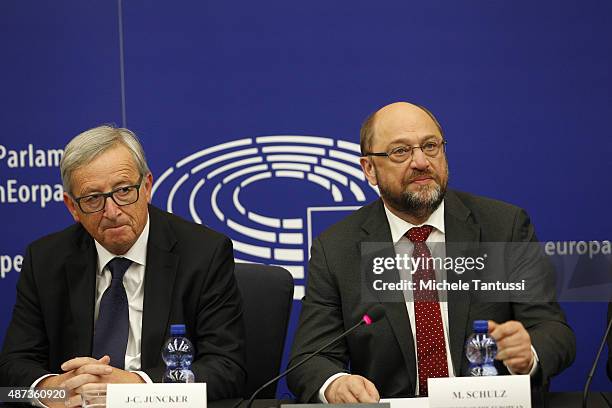 The European Commission's President Jean-Claude Juncker and the parliament's president Martin Schulz during a press conference after the speech on...