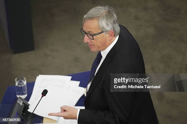 The European Commission's President Jean-Claude Juncker speaks in the plenary room of the European Parliament during his speech on the state of the...