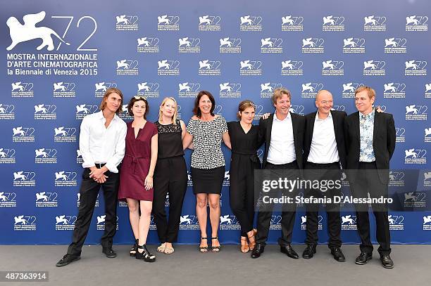 Screenwriter Catherine Paille, actor Dominique Leborne, director Samuel Collardey and producer Gregoire Debailly attend a photocall for 'Tempete'...