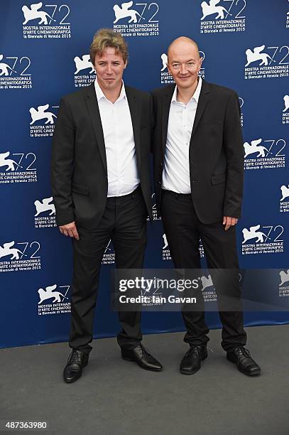 Actor Dominique Leborne and director Samuel Collardey attend a photocall for 'Tempete' during the 72nd Venice Film Festival at Palazzo del Casino on...