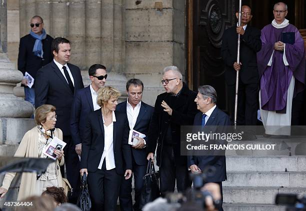 French fashion designer Jean-Paul Gaultier , french journalist Fabien Lecoeuvre and swiss actress Anne Richard leave the funeral ceremony of French...