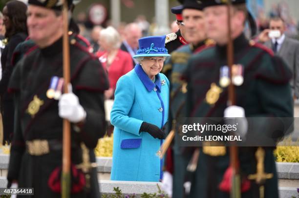 Britain's Queen Elizabeth II attends a ceremony at Tweedbank Station in Tweedbank on the Scottish Borders on September 9, 2015 to officially open the...