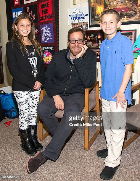 Filmmaker Rob Minkoff meets with Baylis Elementary School 4th graders Rachel Meiselas and Max Reinhardt at Syosset High School on April 29, 2014 in...