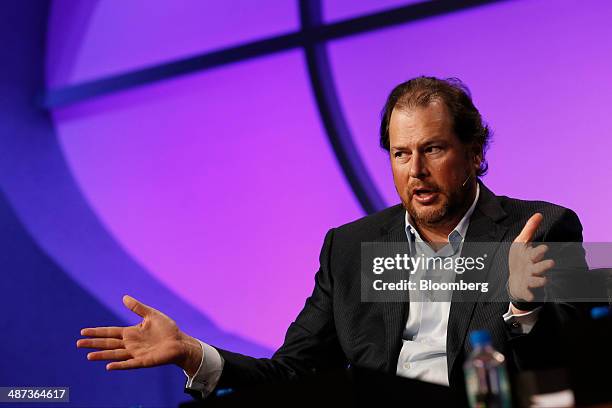 Marc Benioff, chairman and chief executive officer of Salesforce.com Inc., gestures as he speaks at the annual Milken Institute Global Conference in...
