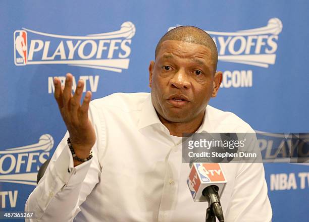 Head coach Doc Rivers of the Los Angeles Clippers speaks at a press conference before playing the Golden State Warriors in Game Five of the Western...