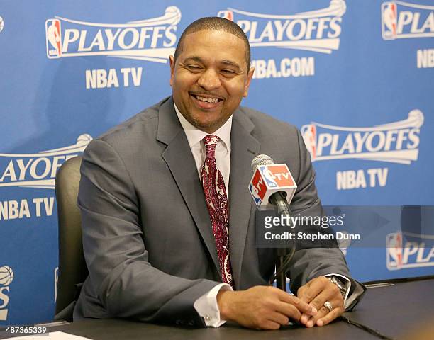 Head coach Mark Jackson of the Golden State Warriors laughs after being asked a question at a press conference before playing the Los Angeles...