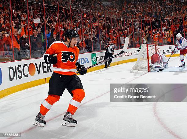 Erik Gustafsson of the Philadelphia Flyers celebrates his second period goal against the New York Rangers in Game Six of the First Round of the 2014...