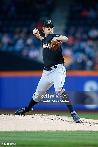 Kevin Slowey of the Miami Marlins in action against the New York Mets at Citi Field on April 26, 2014 in the Flushing neighborhood of the Queens...