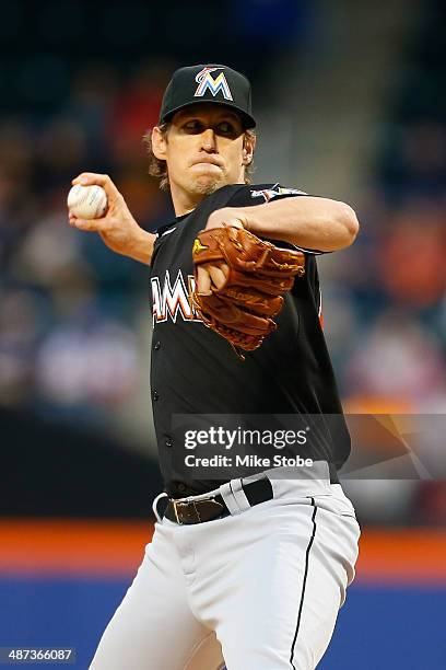 Kevin Slowey of the Miami Marlins in action against the New York Mets at Citi Field on April 26, 2014 in the Flushing neighborhood of the Queens...