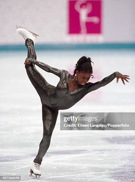 Surya Bonaly of France competing in the Ladies figure skating event during the Winter Olympic Games in Lillehammer, Norway, circa February 1994....