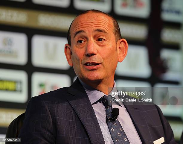 Major League Soccer Commissioner Don Garber talks during day four of the Soccerex - Manchester Convention at Manchester Central on September 9, 2015...