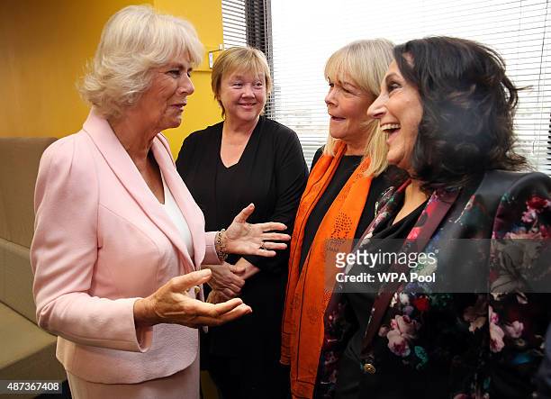 Camilla, Duchess of Cornwall meets Pauline Quirke, Linda Robson and Lesley Joseph as she visits ITV Studios to mark their 60th Anniversary at London...