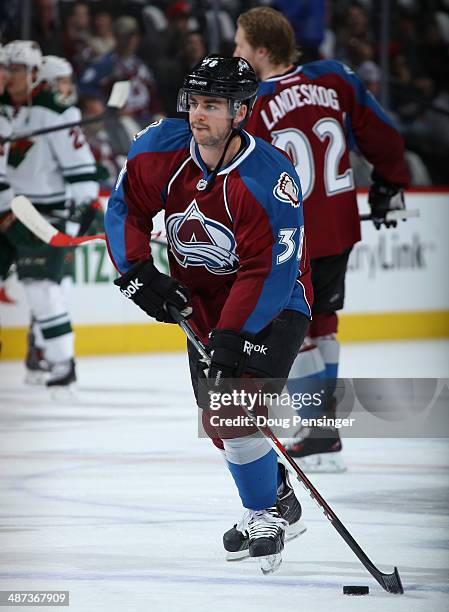 Joey Hishon of the Colorado Avalanche warms up prior to facing the Minnesota Wild in Game Five of the First Round of the 2014 NHL Stanley Cup...