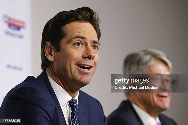 New AFL CEO Gillon McLachlan and Commission Chairman Mike Fitzpatrick react to the media during an AFL press conference at AFL House on April 30,...