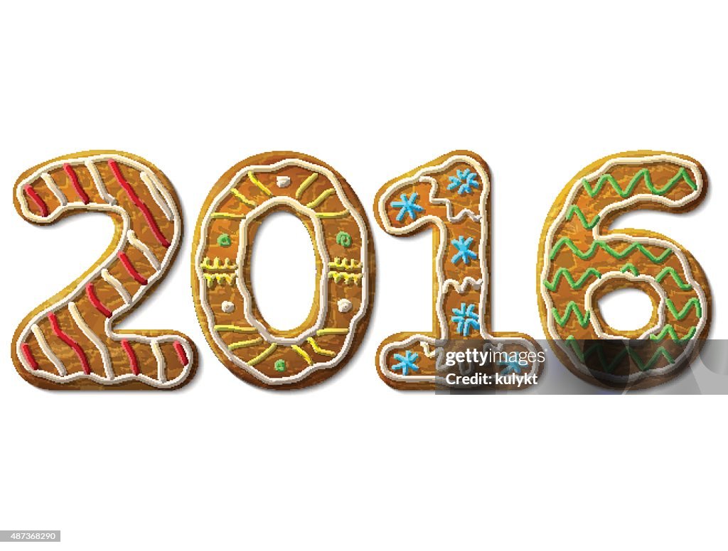 Neues Jahr 2016 in Form von gingerbread, isoliert auf weiss