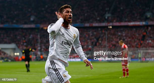 Sergio Ramos of Real Madrid celebrates after scoring his team's first goal during the UEFA Champions League semi-final second leg match between FC...