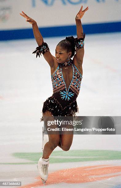Surya Bonaly of France competing in the Ladies figure skating event during the Winter Olympic Games in Nagano, Japan, circa February 1998.